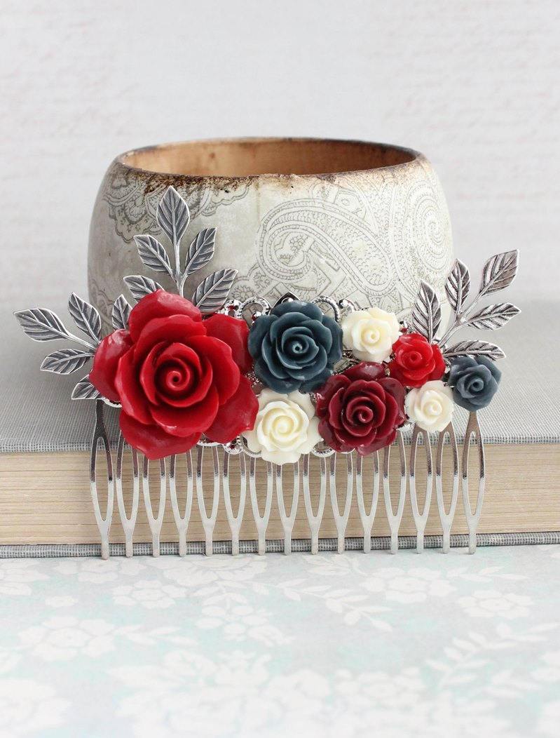 Red and Silver Floral Comb - C1036