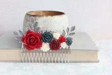 Load image into Gallery viewer, Red and Silver Floral Comb - C1036