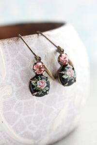 Black and Pink Rose Earrings