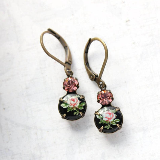 Black and Pink Rose Earrings