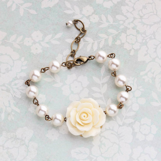 Ivory Rose and Pearl Bracelet