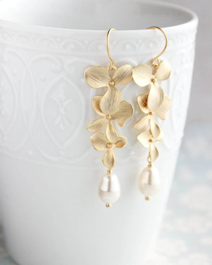 Cascading Orchidand Pearl Earrings (3 styles)