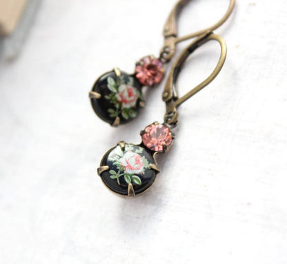 Black and Pink Rose Earrings