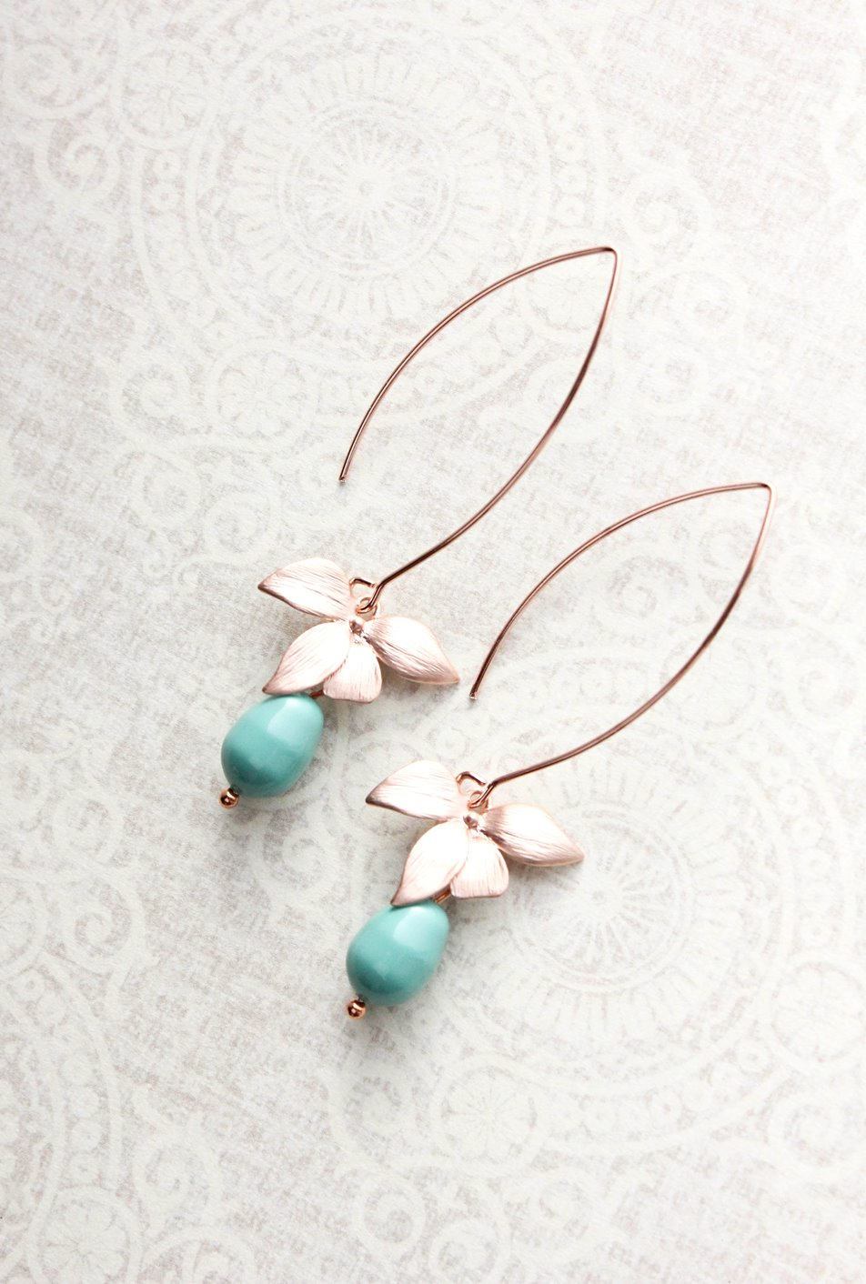 Rose Gold Orchid Earrings - Teal Pearl
