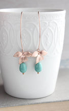 Load image into Gallery viewer, Rose Gold Orchid Earrings - Teal Pearl
