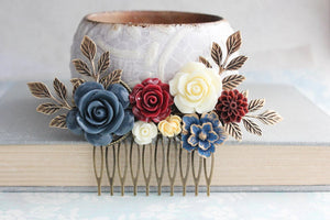 Navy Floral Hair Comb - C1037