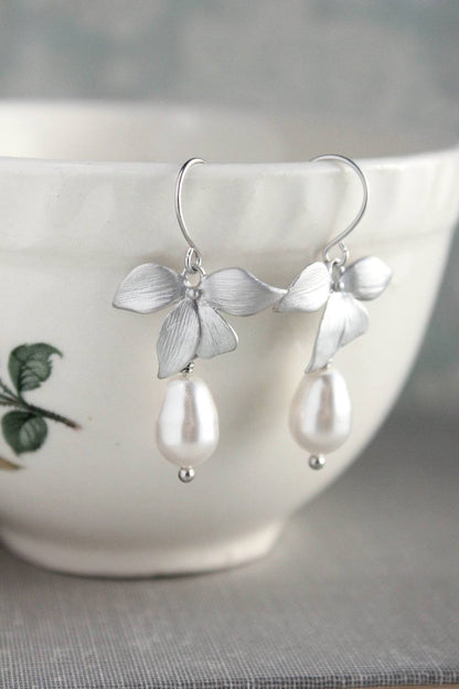 Silver Orchid Earrings - White Pearl