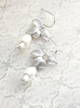 Load image into Gallery viewer, Silver Orchid Earrings - White Pearl