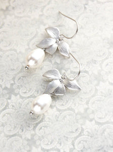 Silver Orchid Earrings - White Pearl