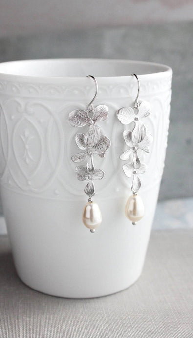 Cascading Orchid Earrings - Silver Rhodium