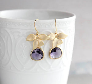 Gold Orchid Earrings - Purple