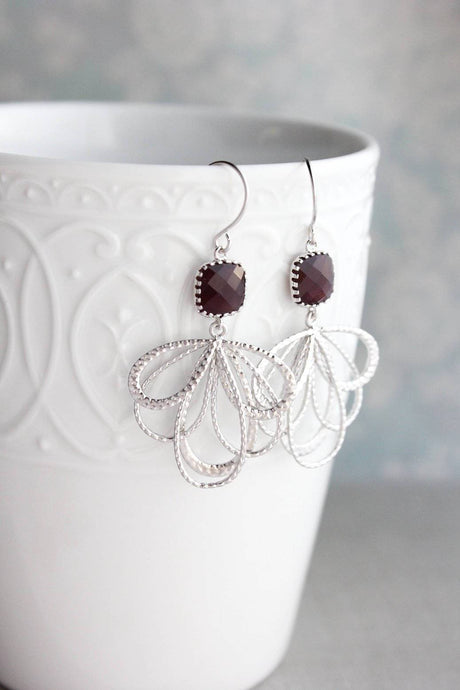 Silver Loop Earrings - Maroon