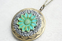 Load image into Gallery viewer, Sunflower Locket Necklace Antiqued Silver Floral Large Round Photo Locket Pendant Vintage Style Verdigris Patina Teal Flower Long Chain
