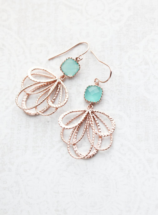 Rose Gold Loop Earrings - Teal