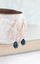 Load image into Gallery viewer, Rose Gold Leaf Earrings - Navy Pearl