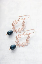 Load image into Gallery viewer, Rose Gold Leaf Earrings - Navy Pearl