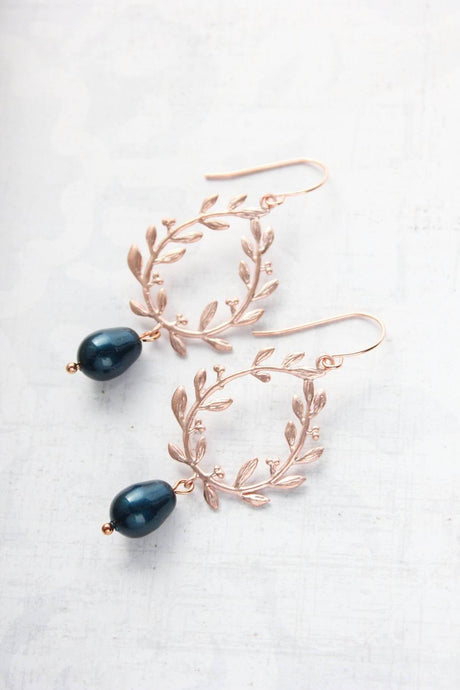 Rose Gold Leaf Earrings - Navy Pearl