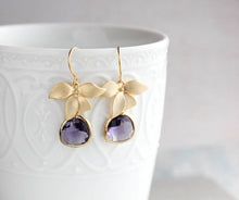 Load image into Gallery viewer, Gold Orchid Earrings - Purple