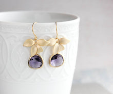 Load image into Gallery viewer, Gold Orchid Earrings - Purple
