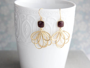 Gold Loop Earrings - Burgundy