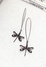 Load image into Gallery viewer, Long Dragonfly Earrings - Black Brown Patina