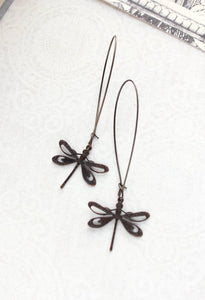 Long Dragonfly Earrings - Black Brown Patina