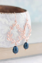 Load image into Gallery viewer, Rose Gold Leaf Earrings - Navy Pearl