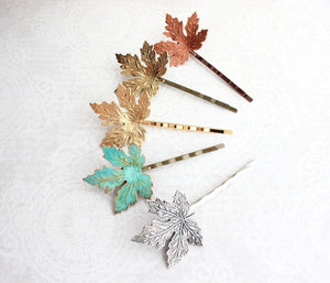 Maple Leaf Bobby Pins - Antiqued Gold
