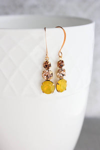Three Jewel Drop Earrings - Yellow