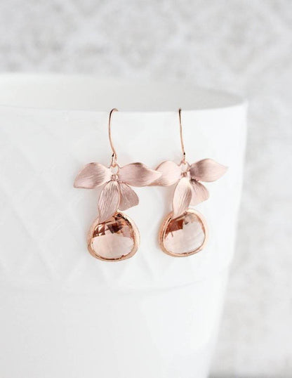 Rose Gold Orchid Earrings - Peach