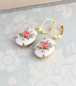 Pink Rose Earrings - Glass Cameo