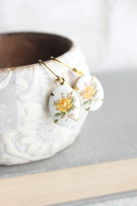 Yellow Rose Earrings - Glass Cameo