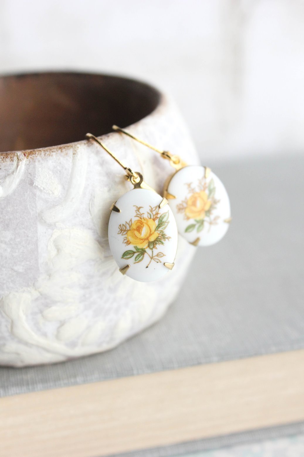 Yellow Rose Earrings - Glass Cameo
