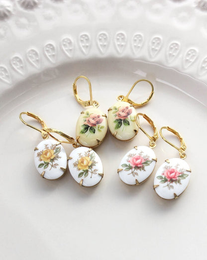 Red Rose Earrings - Glass Cameo