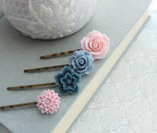 Load image into Gallery viewer, Pink and Navy Rose Bobby Pins - BP1213