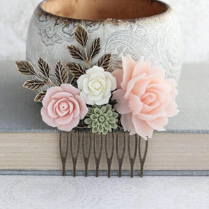 Pink and Green Floral Comb - C1029