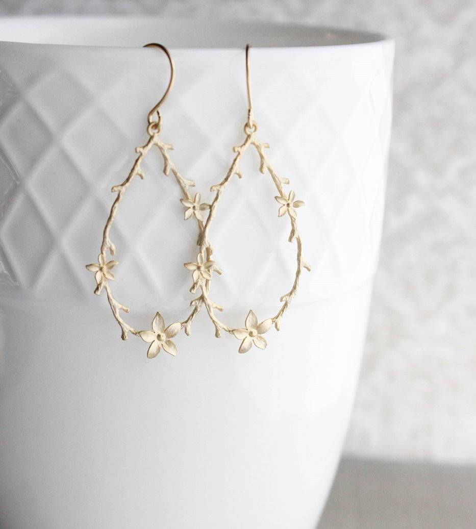 Twig and Flower Earrings - Matte Gold