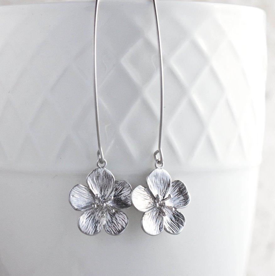 Cherry Blossom Earrings - Matte Silver Short
