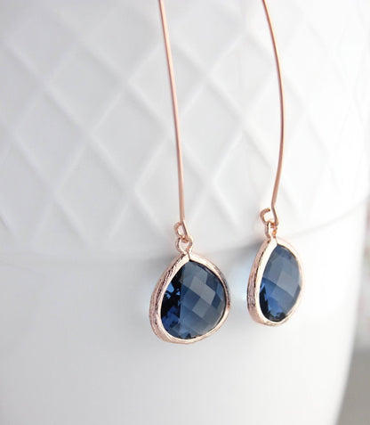 Long Rose Gold Earrings - Navy Blue