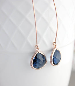 Long Rose Gold Earrings - Navy Blue