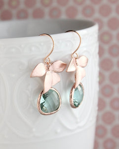 Rose Gold Orchid Earrings - Blue green
