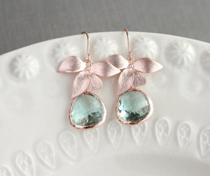 Rose Gold Orchid Earrings - Blue green