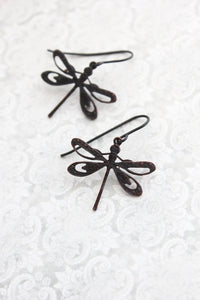 Long Dragonfly Earrings - Black Brown Patina
