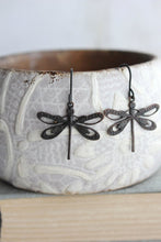 Load image into Gallery viewer, Long Dragonfly Earrings - Black Brown Patina