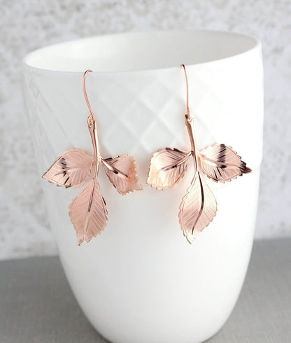 Three Leaf Branch Earrings | Rose Gold