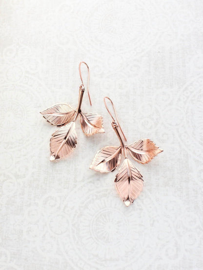 Three Leaf Branch Earrings | Rose Gold