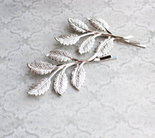 Load image into Gallery viewer, Branch Bobby Pins - Bright Silver Leaves (set of 2)