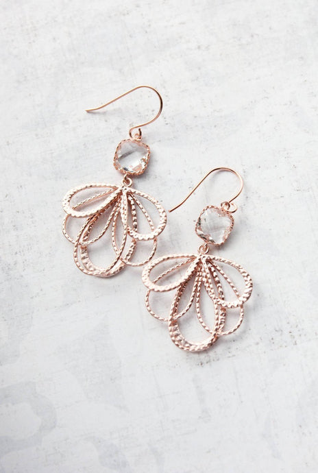 Rose Gold Loop Earrings - Clear Glass