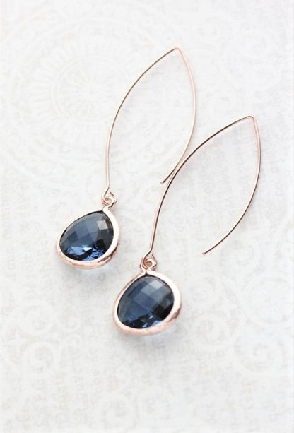 Long Rose Gold Earrings - Navy Blue