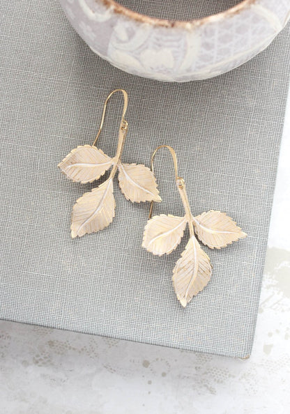 Three Leaf Branch Earrings - White Patina